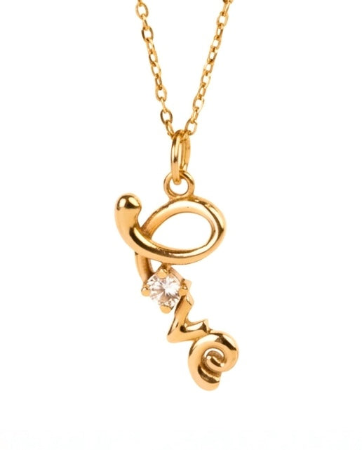 Halskette aus 18k Gelbgold mit 43 cm feiner Kette &amp; vertikalem „Love“-Anhänger mit Zirkonia – inspiriert vom persischen Wort „Eshgh“