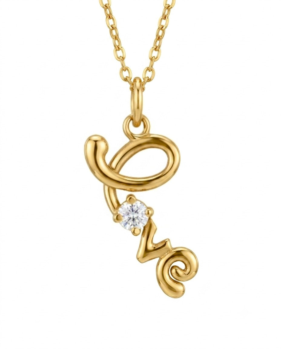 Halskette aus 18k Gelbgold mit 43 cm feiner Kette &amp; vertikalem „Love“-Anhänger mit Zirkonia – inspiriert vom persischen Wort „Eshgh“