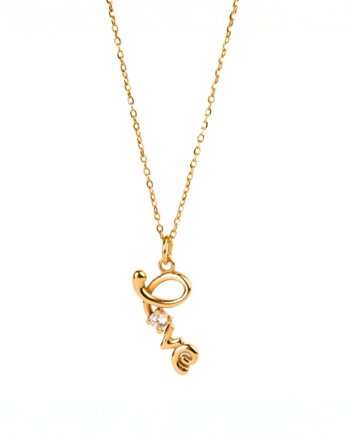 Halskette aus 18k Gelbgold mit 43 cm feiner Kette &amp; vertikalem „Love“-Anhänger mit Zirkonia – inspiriert vom persischen Wort „Eshgh“