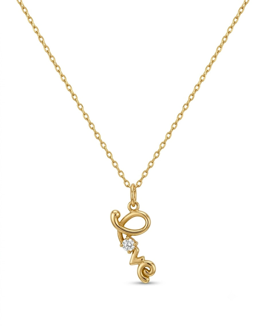 Halskette aus 18k Gelbgold mit 43 cm feiner Kette & vertikalem „Love“-Anhänger mit Zirkonia – inspiriert vom persischen Wort „Eshgh“