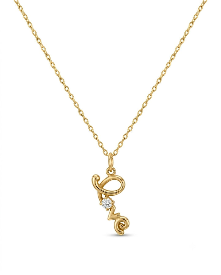 Halskette aus 18k Gelbgold mit 43 cm feiner Kette &amp; vertikalem „Love“-Anhänger mit Zirkonia – inspiriert vom persischen Wort „Eshgh“