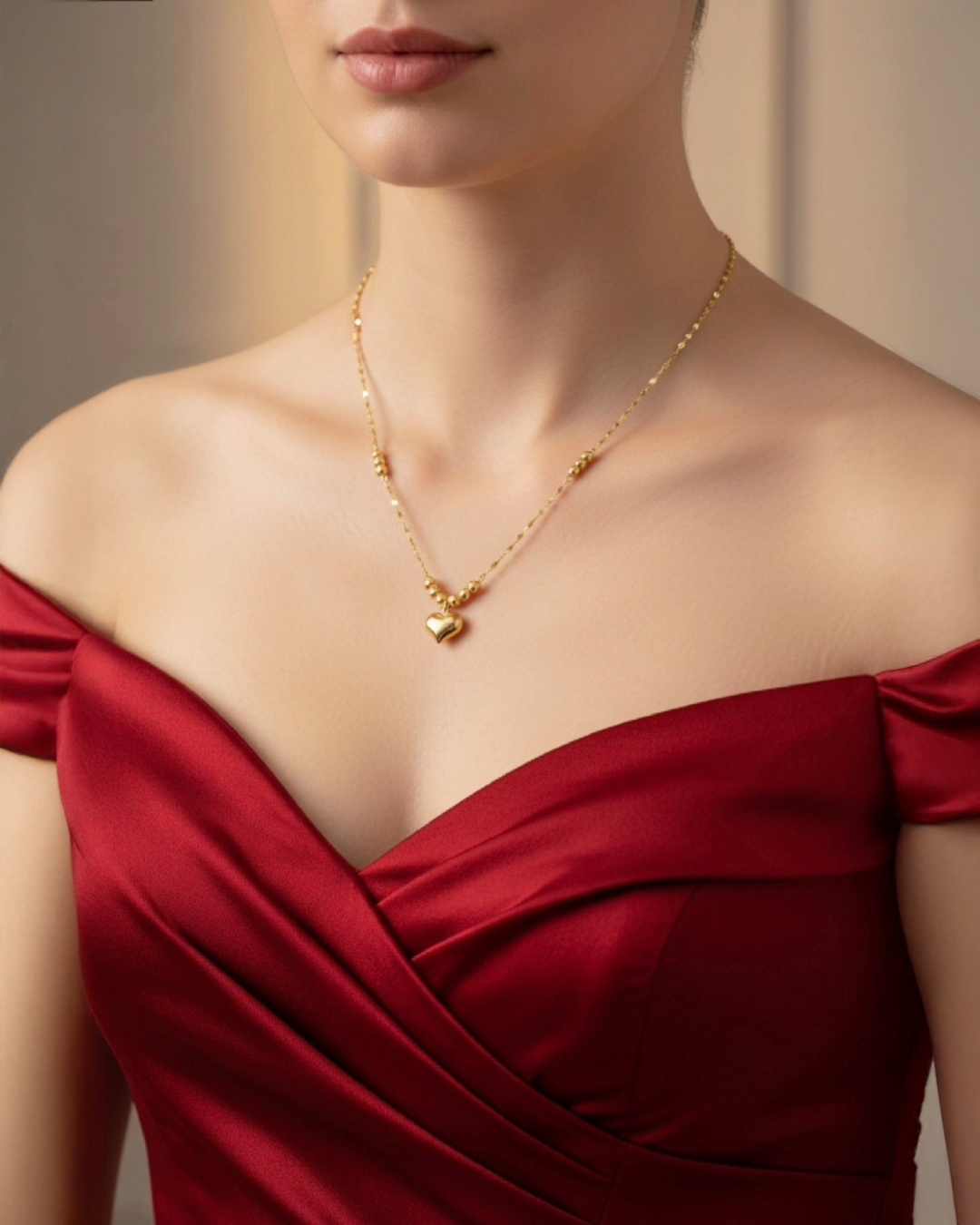 Elegante Frau in rotem, schulterfreiem Abendkleid mit feiner 18k Gelbgold-Halskette und kleinem herzförmigem Anhänger, edler minimalistischer Goldschmuck, stilvolle Nahaufnahme des Dekolletés.