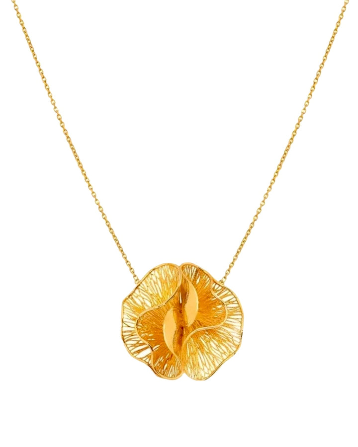 Halskette aus 18k Gelbgold mit floraler, skulpturaler Anhängerform – inspiriert von einer Blume des Glücks