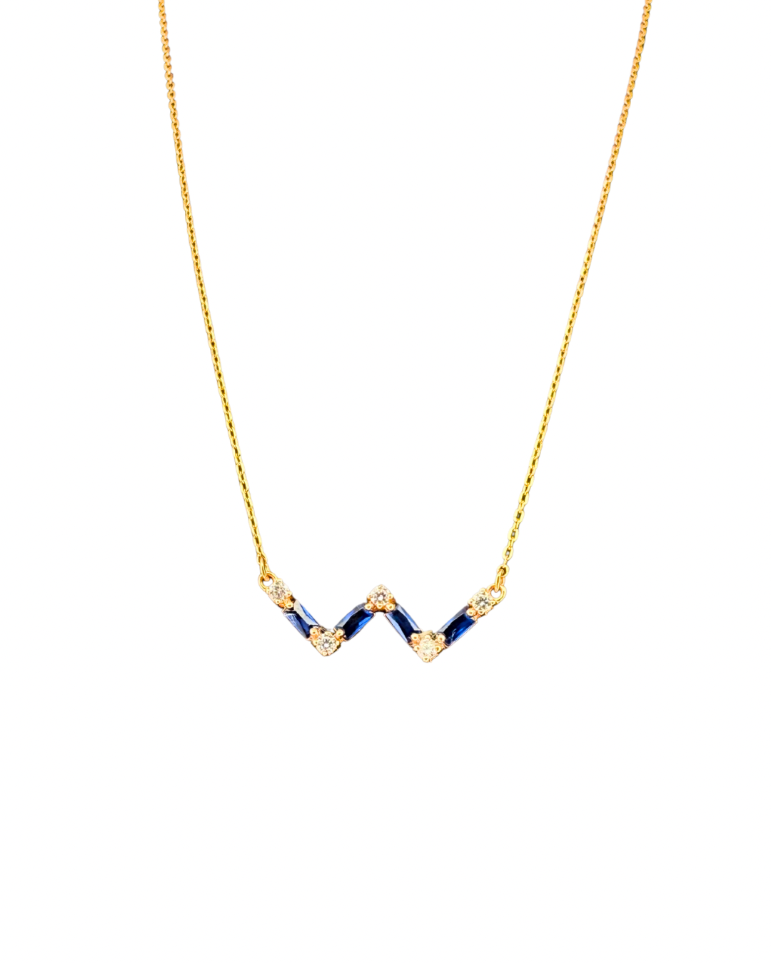 Feine Halskette aus 18k Gelbgold mit W-förmigem Cassiopeia-Anhänger in Blau – 41.5 cm Länge