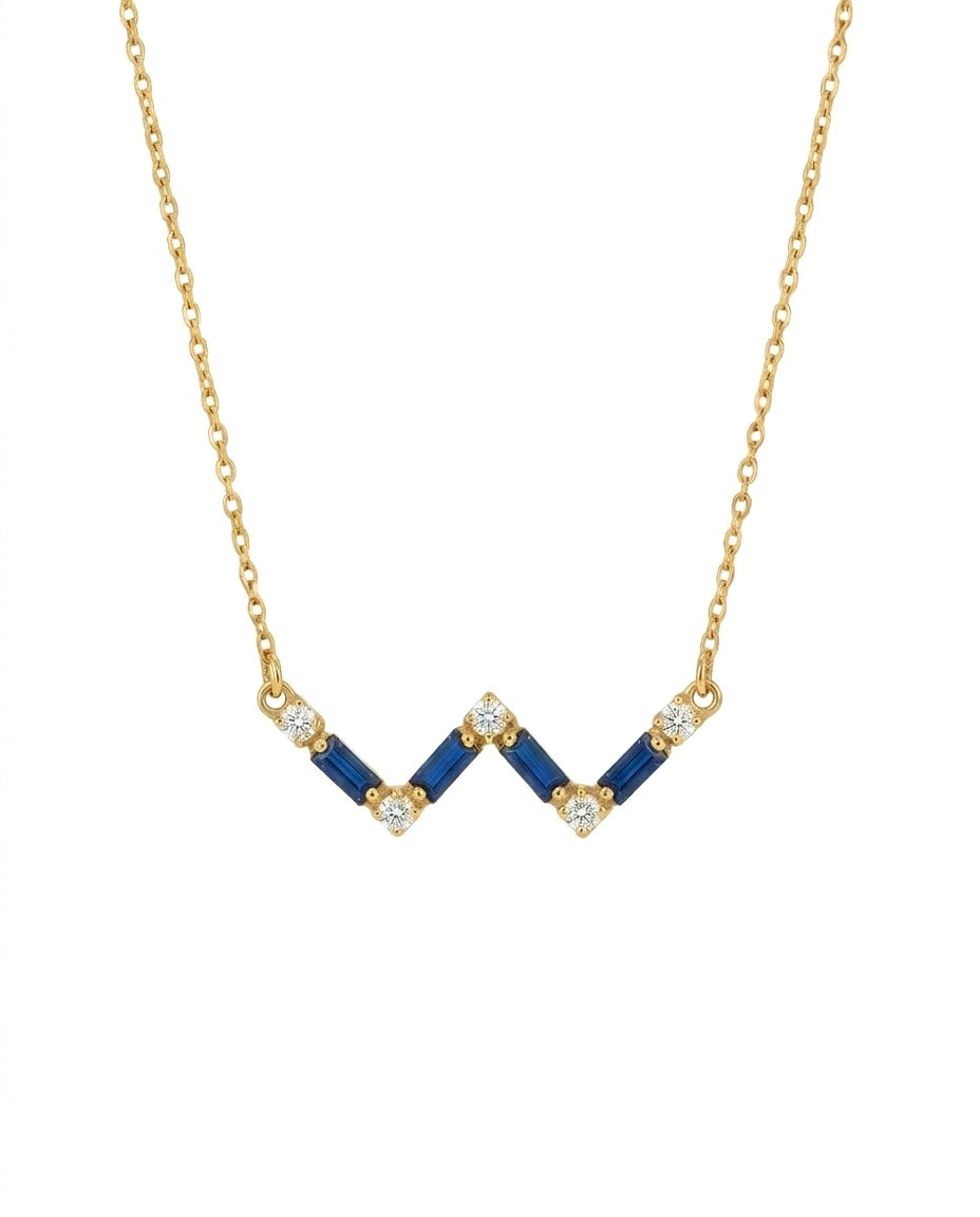 Feine Halskette aus 18k Gelbgold mit W-förmigem Cassiopeia-Anhänger in Blau – 41.5 cm Länge
