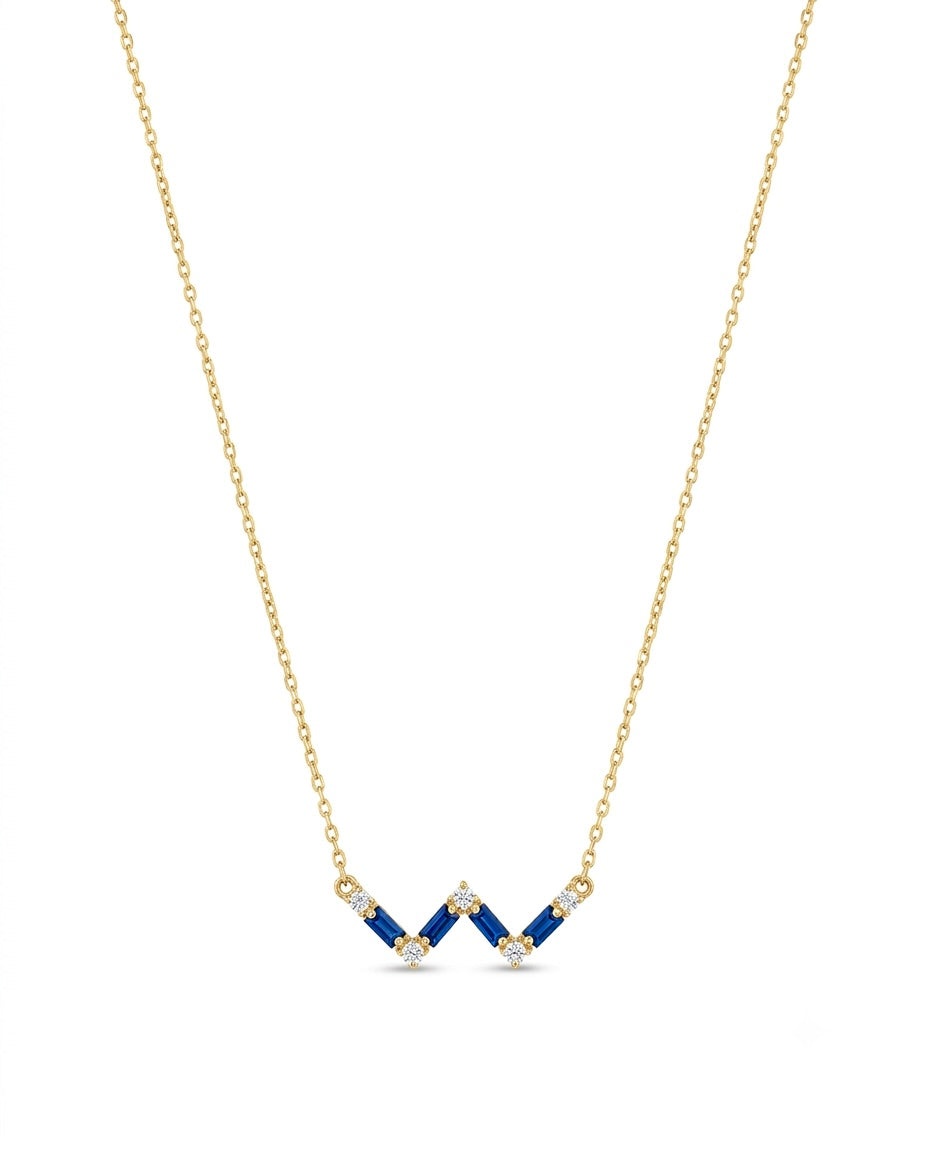 Feine Halskette aus 18k Gelbgold mit W-förmigem Cassiopeia-Anhänger in Blau – 41.5 cm Länge