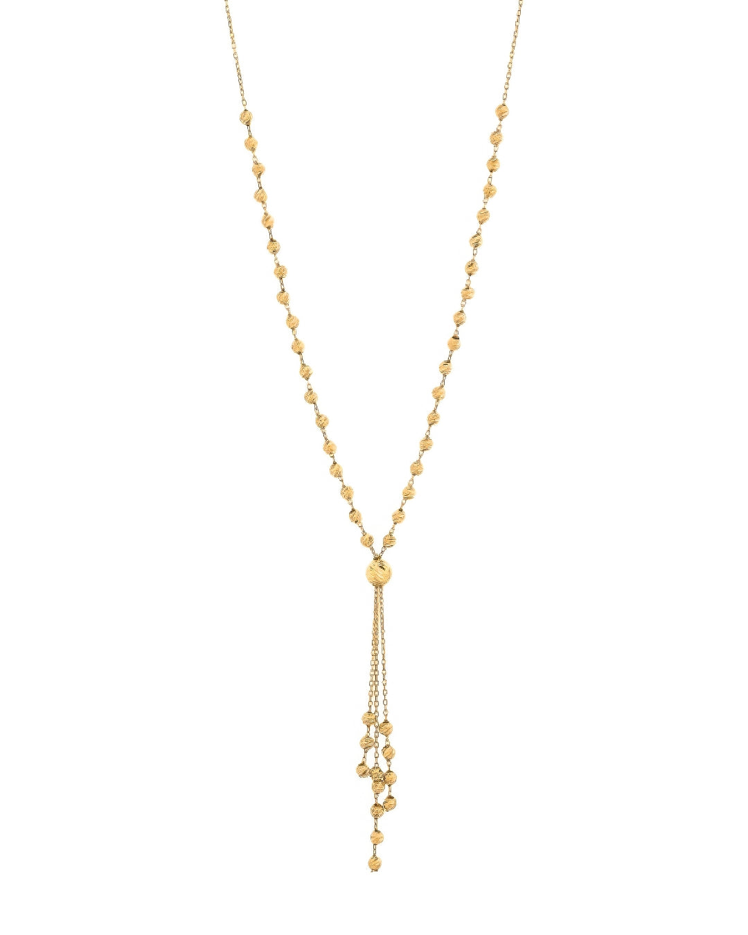 Feine Halskette aus 18k Gelbgold mit gerillten Goldkugeln und 6 cm Anhänger – freigestelltes Produktbild auf weissem Hintergrund.