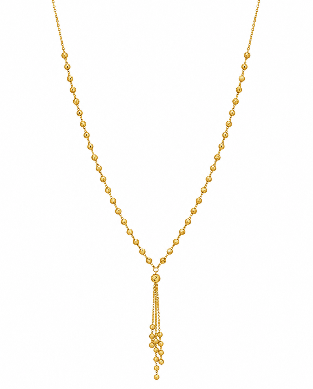 Feine Halskette aus 18k Gelbgold mit gerillten Goldkugeln und 6 cm Anhänger – freigestelltes Produktbild auf weissem Hintergrund.