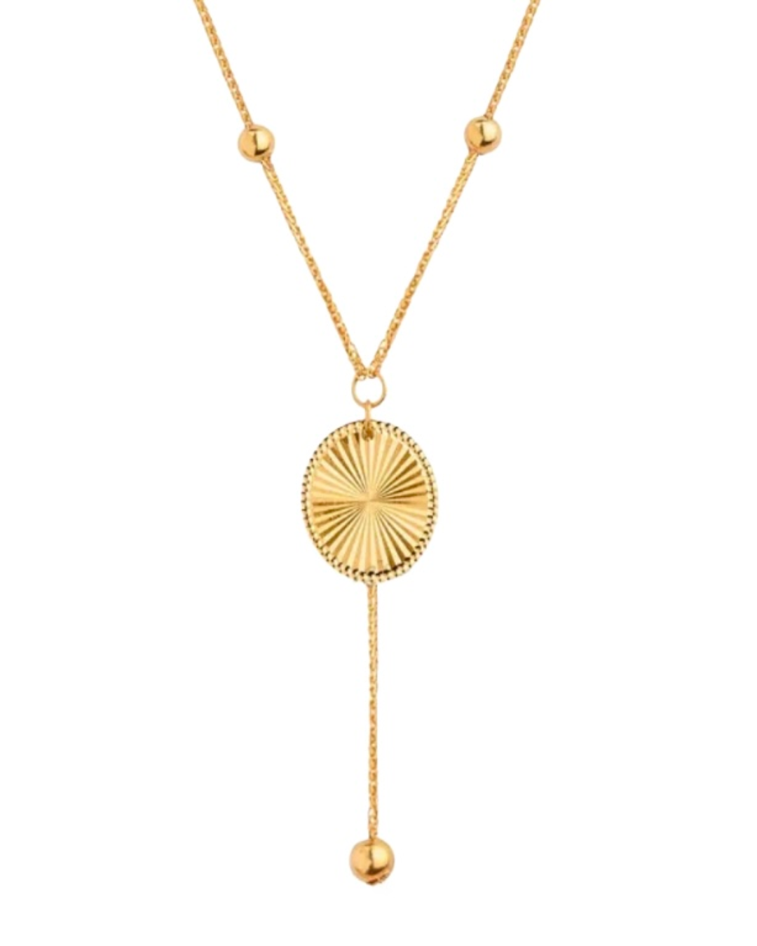 Detailaufnahme des 18k Gold Sonnenanhängers mit Strahlenstruktur und 2 mm Goldkugeln