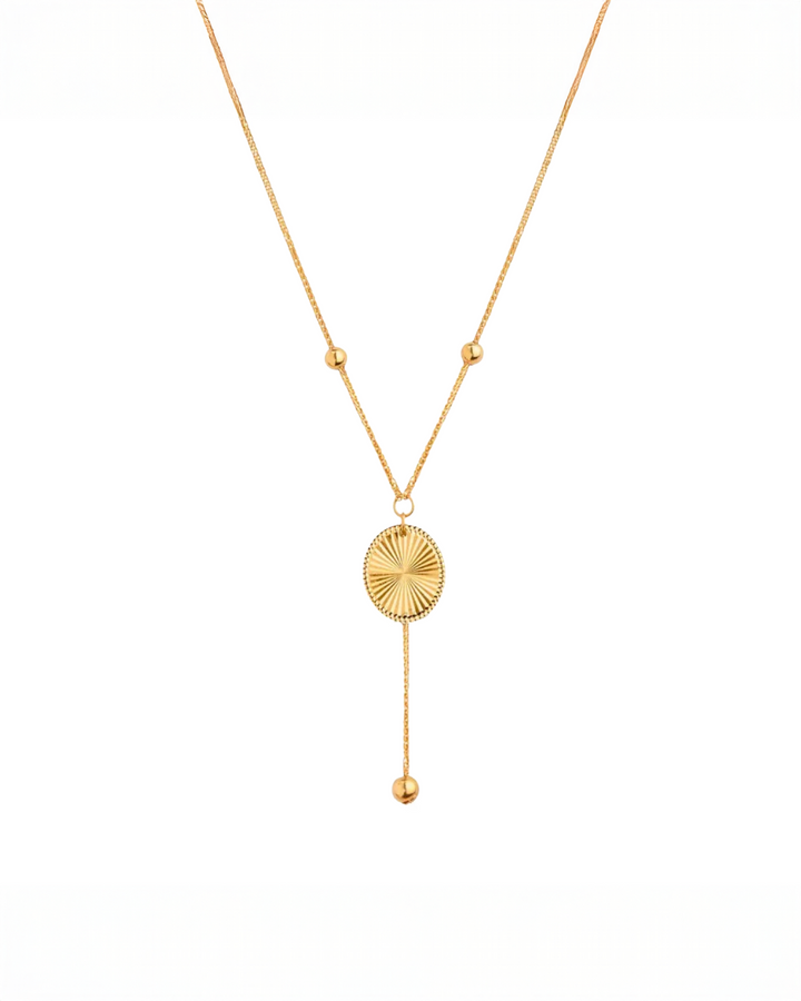 18k Goldhalskette mit rundem Sonnenmedaillon und feiner 1 mm Kette – verstellbar 42–44.5 cm