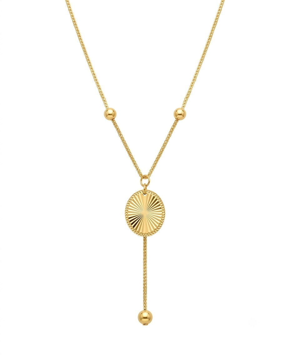 18k Goldhalskette mit rundem Sonnenmedaillon und feiner 1 mm Kette – verstellbar 42–44.5 cm