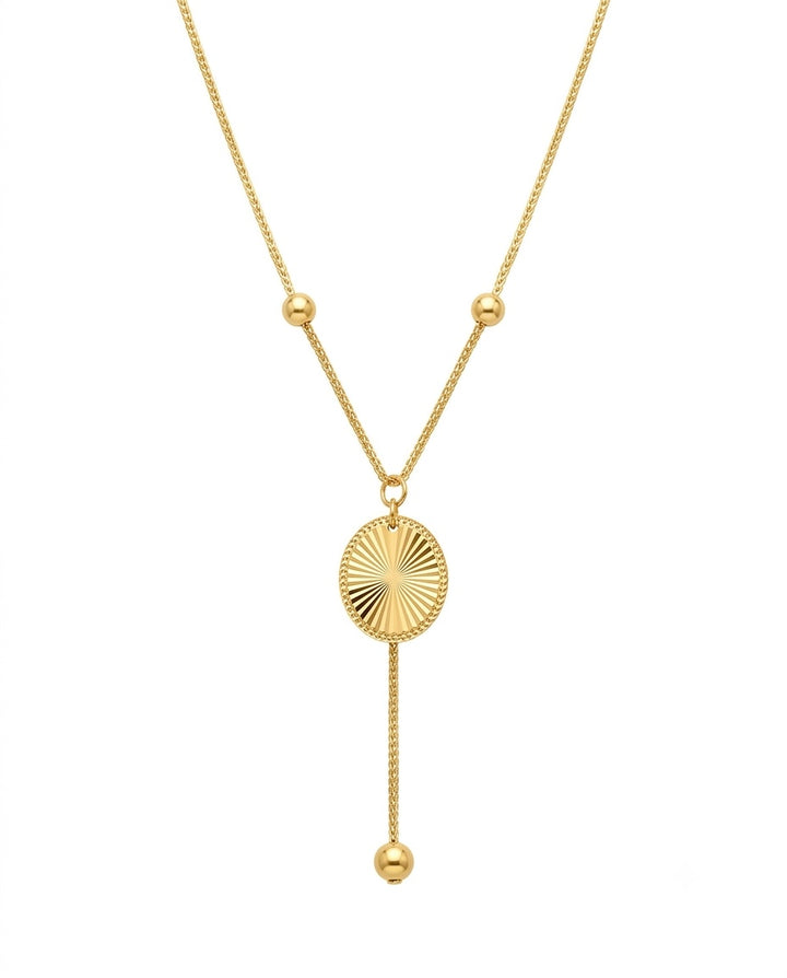 18k Goldhalskette mit rundem Sonnenmedaillon und feiner 1 mm Kette – verstellbar 42–44.5 cm