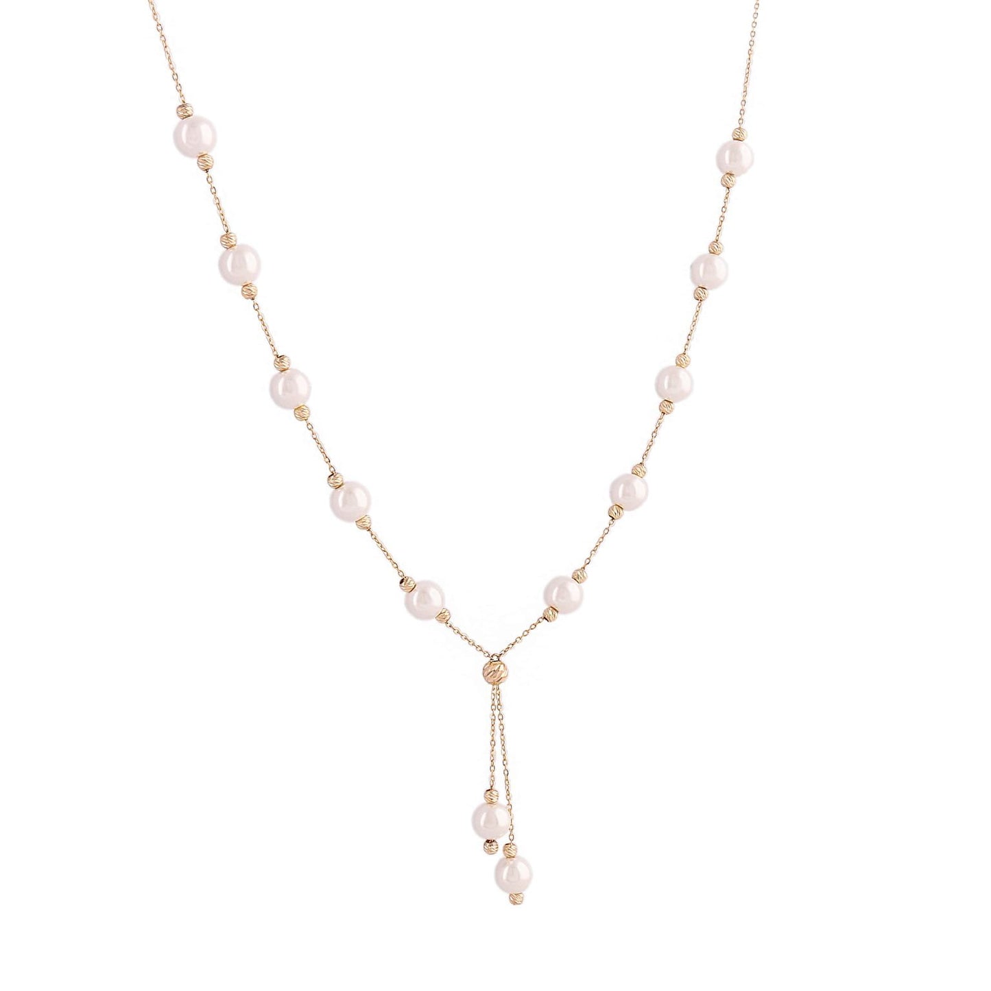 Feine 18k Goldkette mit locker gesetzten weissen Perlen und Goldkügelchen – Modell Morvarid-e Sefid Raghsan in verspielt tanzender Anordnung