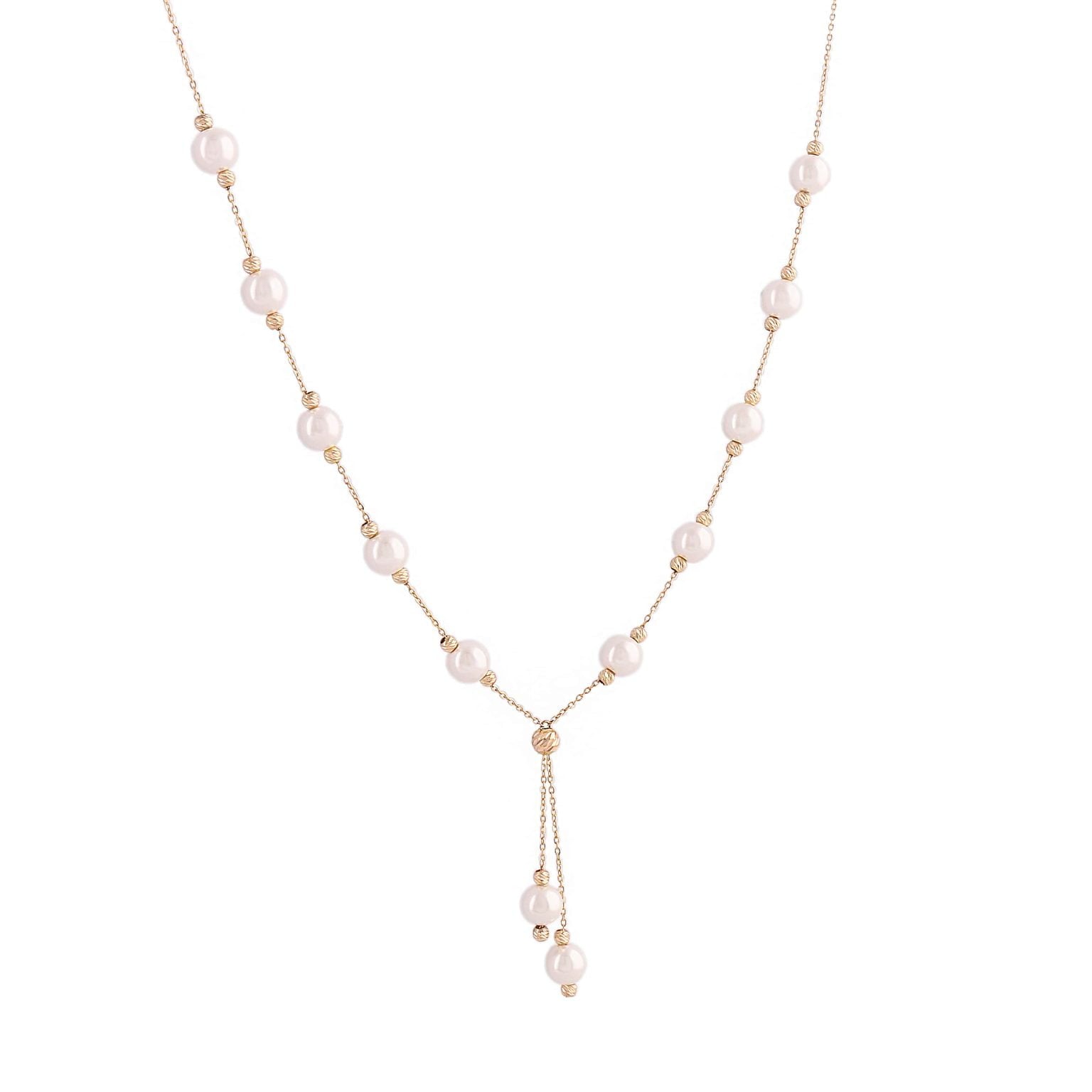 Feine 18k Goldkette mit locker gesetzten weissen Perlen und Goldkügelchen – Modell Morvarid-e Sefid Raghsan in verspielt tanzender Anordnung