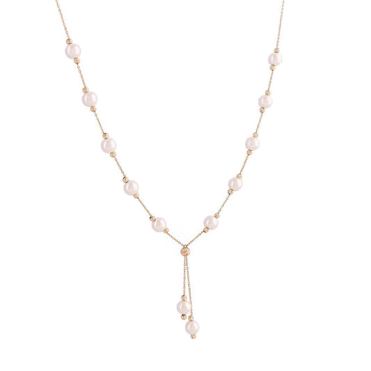 Feine 18k Goldkette mit locker gesetzten weissen Perlen und Goldkügelchen – Modell Morvarid-e Sefid Raghsan in verspielt tanzender Anordnung