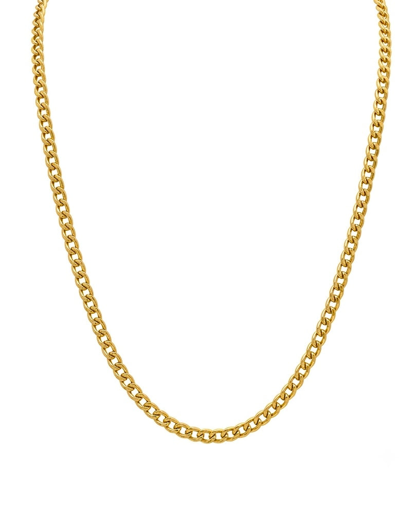 18 Karat Gold Halskette in klassischer Panzerkette, handgefertigter hochwertiger Goldschmuck, zeitlos elegant vor weißem Hintergrund.