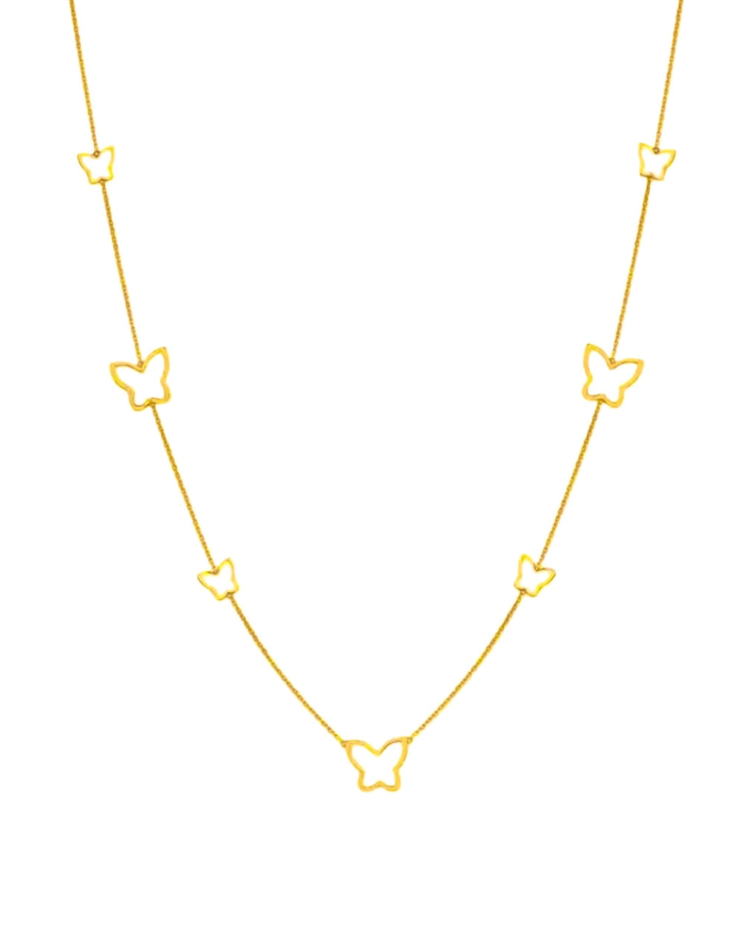 Halskette aus 18 Karat Gelbgold mit feiner Kette und mehreren stilisierten Schmetterlings-Elementen, gleichmäßig entlang der Kette verteilt, vor weißem Hintergrund dargestellt.
