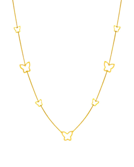 Halskette aus 18 Karat Gelbgold mit feiner Kette und mehreren stilisierten Schmetterlings-Elementen, gleichmäßig entlang der Kette verteilt, vor weißem Hintergrund dargestellt.