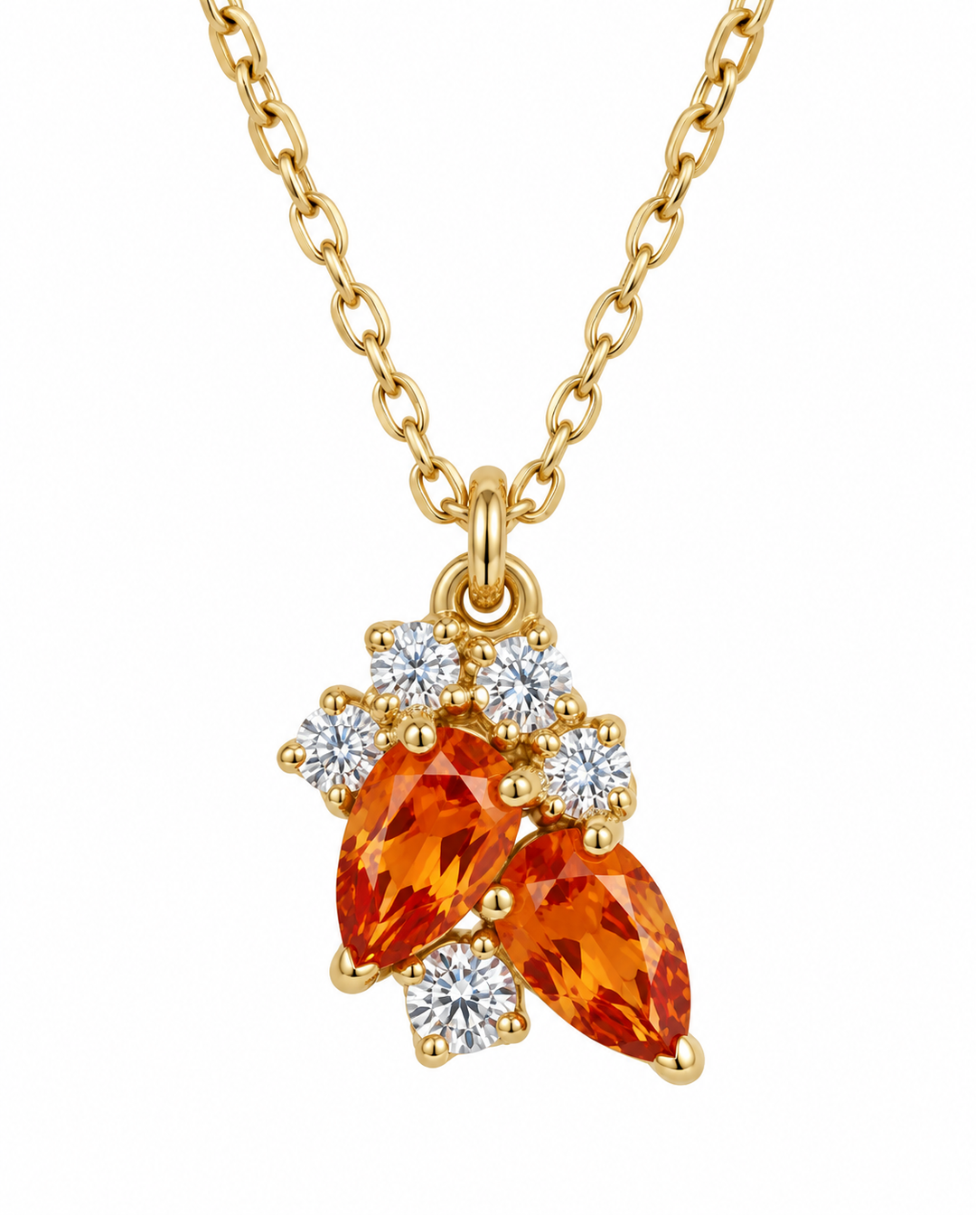 18 Karat Goldkette mit elegantem Anhänger aus orangefarbenen Edelsteinen und funkelnden Zirkonia – filigraner Damenschmuck in Gelbgold
