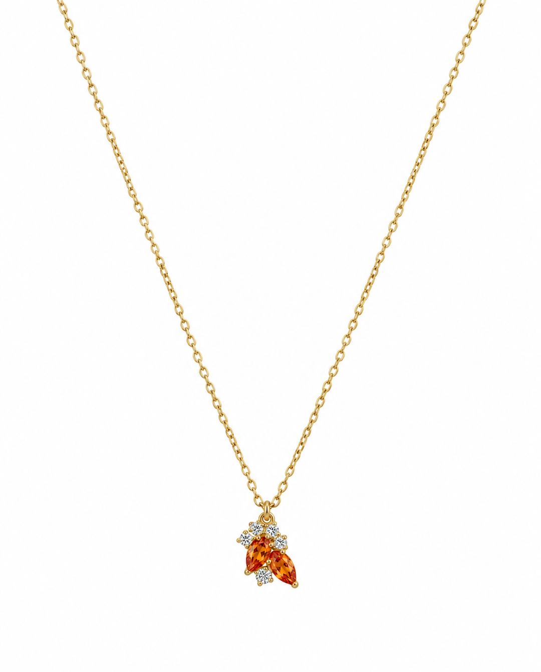 Zarte Halskette aus 18 Karat Gelbgold mit filigranem Anhänger aus zwei orangefarbenen, tropfenförmigen Edelsteinen und funkelnden Zirkonia-Steinen. Eleganter, femininer Goldschmuck für Alltag und besondere Anlässe.