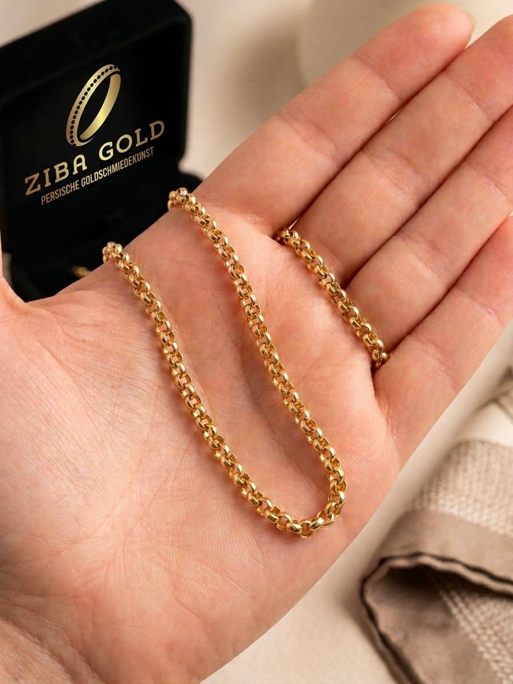 18 Karat Gelbgold-Halskette im Rundanker-Design auf einer Hand präsentiert – handgefertigter Goldschmuck von Ziba Gold aus persischer Goldschmiedekunst.