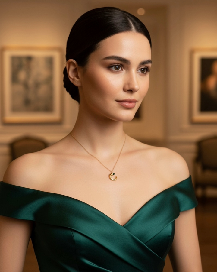 Elegante Frau mit zurückgestecktem dunklem Haar trägt ein schulterfreies, smaragdgrünes Kleid und eine feine Halskette mit einem kleinen goldenen Anhänger, aufgenommen in einem stilvollen, warm beleuchteten Galerieraum.