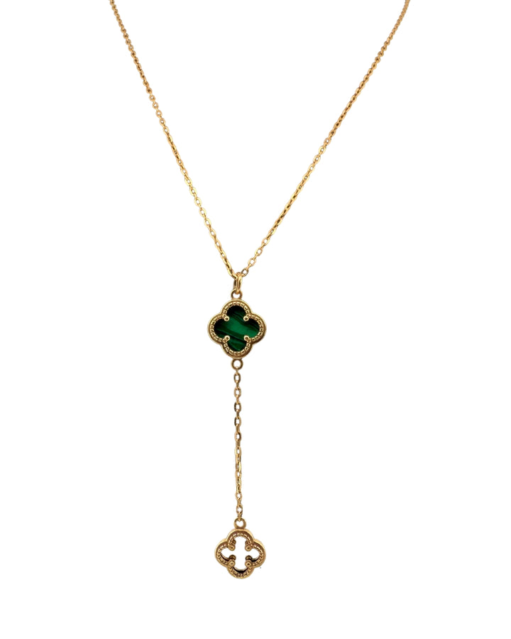 18k Goldkette mit Y-Anhänger aus grünem Malachit &amp; offenem Blütensymbol – Modell Sambole-e Khoshbakhti, Symbol des Glücks