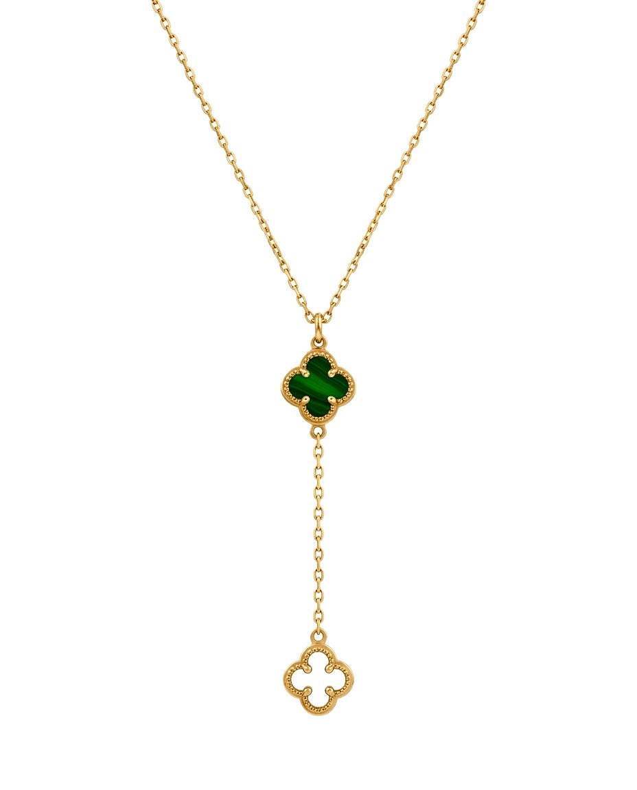 18k Goldkette mit Y-Anhänger aus grünem Malachit & offenem Blütensymbol – Modell Sambole-e Khoshbakhti, Symbol des Glücks