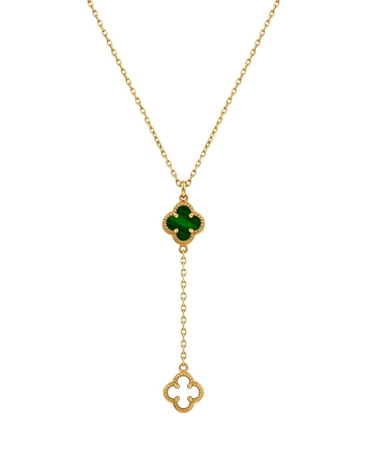 18k Goldkette mit Y-Anhänger aus grünem Malachit &amp; offenem Blütensymbol – Modell Sambole-e Khoshbakhti, Symbol des Glücks