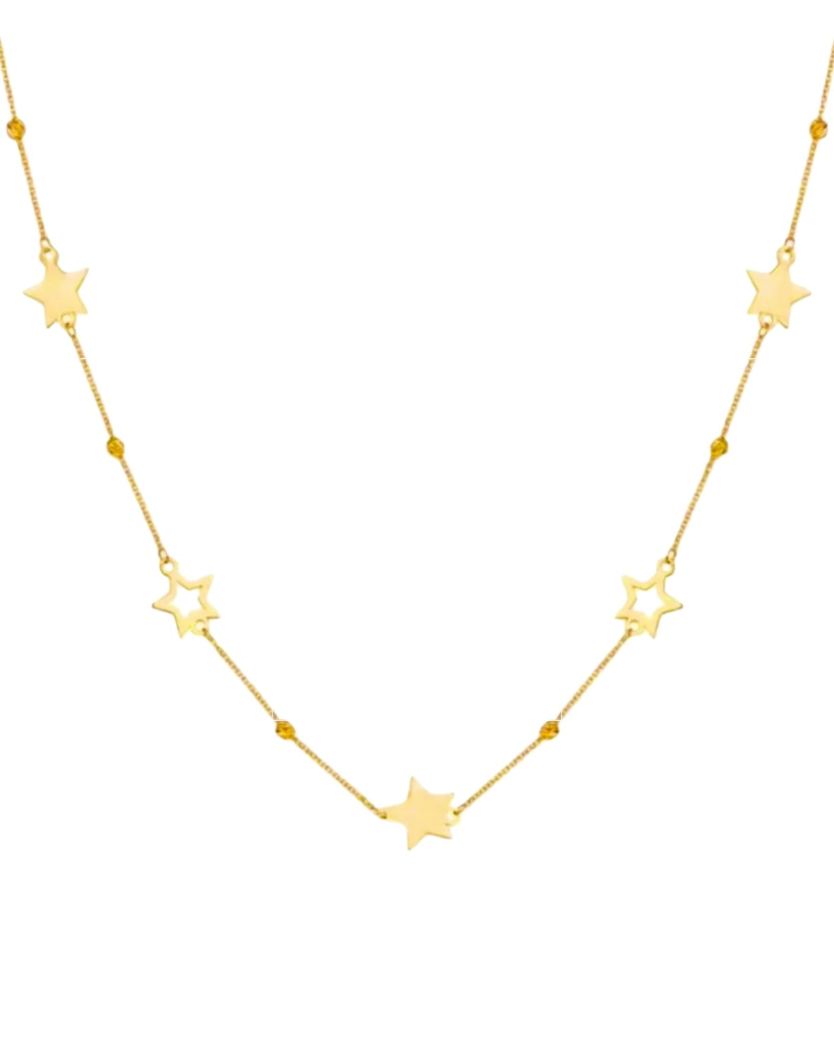 Halskette aus 18k Gelbgold mit sechs Stern-Anhängern – Modell Setareh, zart gearbeitet mit feinen Kugelakzenten