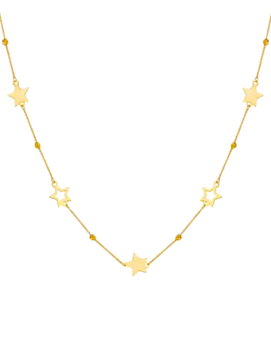 Halskette aus 18k Gelbgold mit sechs Stern-Anhängern – Modell Setareh, zart gearbeitet mit feinen Kugelakzenten