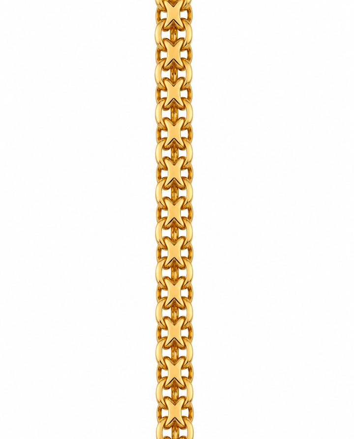 Ziba Gold Halskette „Zanjir-e Bizmark Zarif“ aus 18k Gelbgold, filigrane Bismarck-Struktur in Nahaufnahme