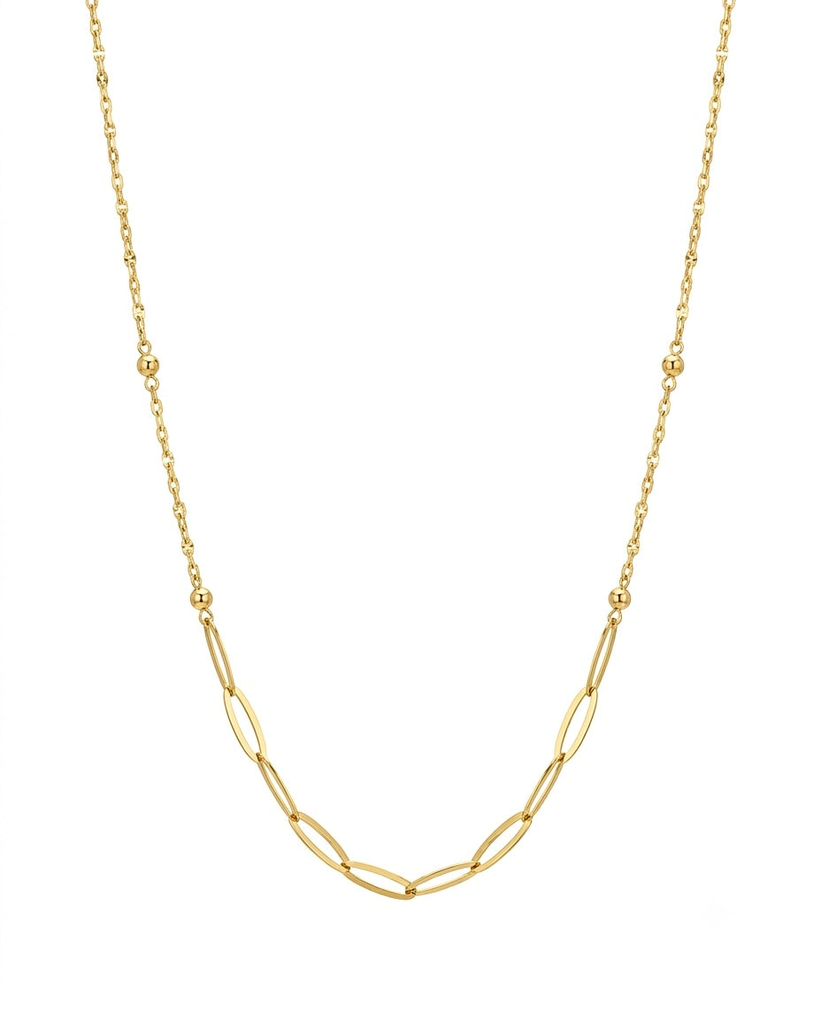 18k Gold Halskette Zanjir-e Derakhshan mit ovalen Gliedern und 2 mm Kugeln – verstellbar 40–42.5 cm, elegant und minimalistisch