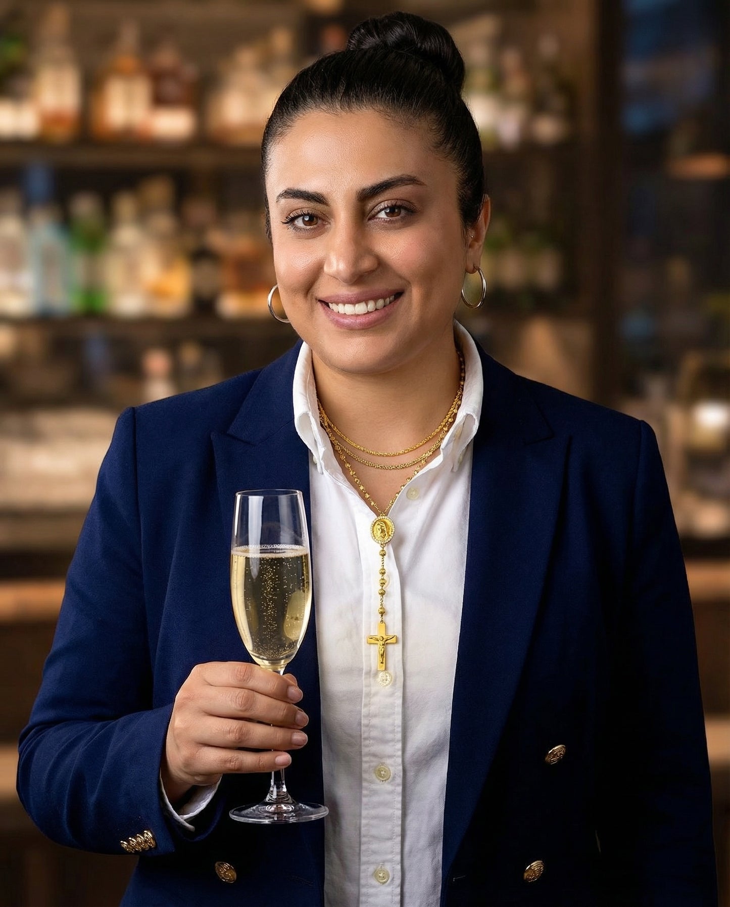 Elegante Frau im dunkelblauen Blazer mit goldenen Knöpfen und weisser Bluse, hält ein Glas Champagner. Sie trägt feinen goldenen Schmuck, darunter Halsketten und Ohrringe, vor einem stilvollen, warm beleuchteten Bar-Hintergrund.