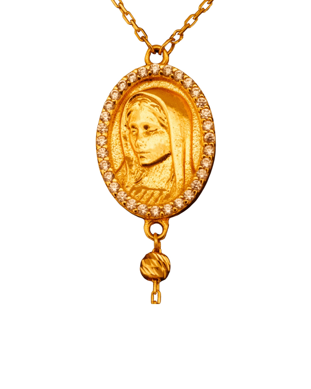 Marien-Medaillon aus 18k Gold – feine Gravur &amp; handwerkliche Details umringt von funkelnden Zirkonia-Steinen