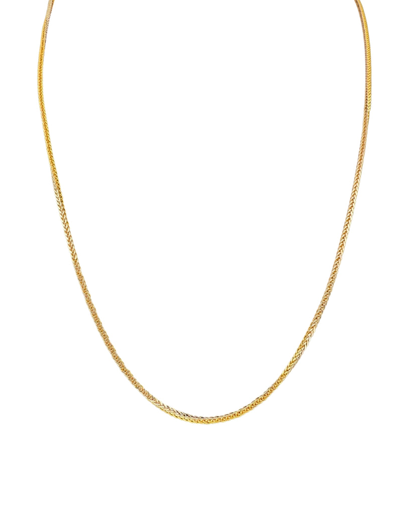 Halskette Gelbgold & Weissgold 18k – Zanjir-e Miro-ye Zarif-e Dorang (Filigrane zweifarbige Mirokette) in voller Länge, schimmernd und fein verwebt dargestellt