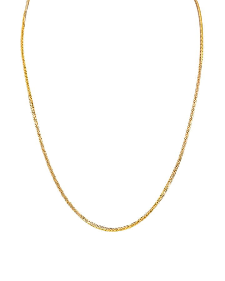 Halskette Gelbgold &amp; Weissgold 18k – Zanjir-e Miro-ye Zarif-e Dorang (Filigrane zweifarbige Mirokette) in voller Länge, schimmernd und fein verwebt dargestellt