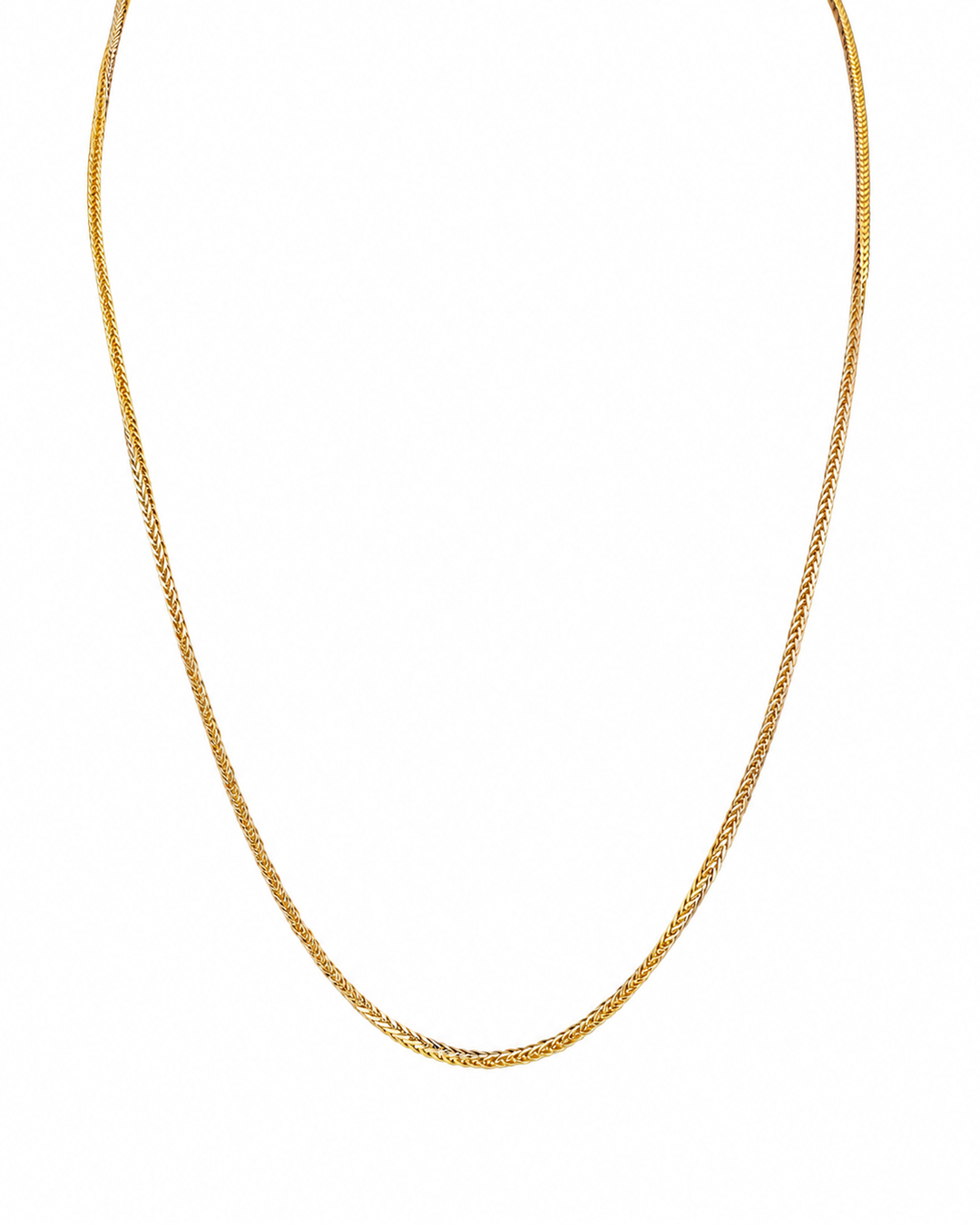 Halskette Gelbgold & Weissgold 18k – Zanjir-e Miro-ye Zarif-e Dorang (Filigrane zweifarbige Mirokette) in voller Länge, schimmernd und fein verwebt dargestellt