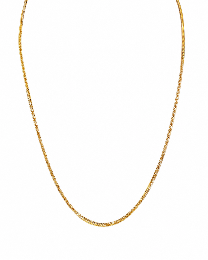 Halskette Gelbgold &amp; Weissgold 18k – Zanjir-e Miro-ye Zarif-e Dorang (Filigrane zweifarbige Mirokette) in voller Länge, schimmernd und fein verwebt dargestellt