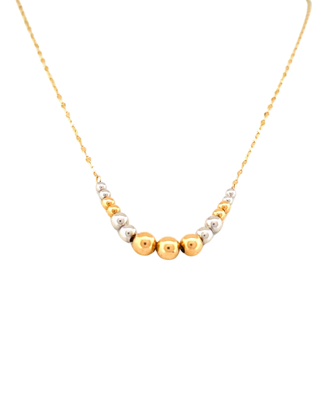 Feine Halskette aus 18k Gelb- und Weissgold mit abgestuften Goldkugeln, freigestelltes Produktbild