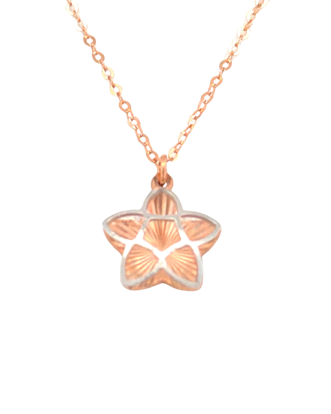 Makroaufnahme der feinen Oberflächenstruktur eines Sternanhängers aus Roségold mit Weissgold-Kontur