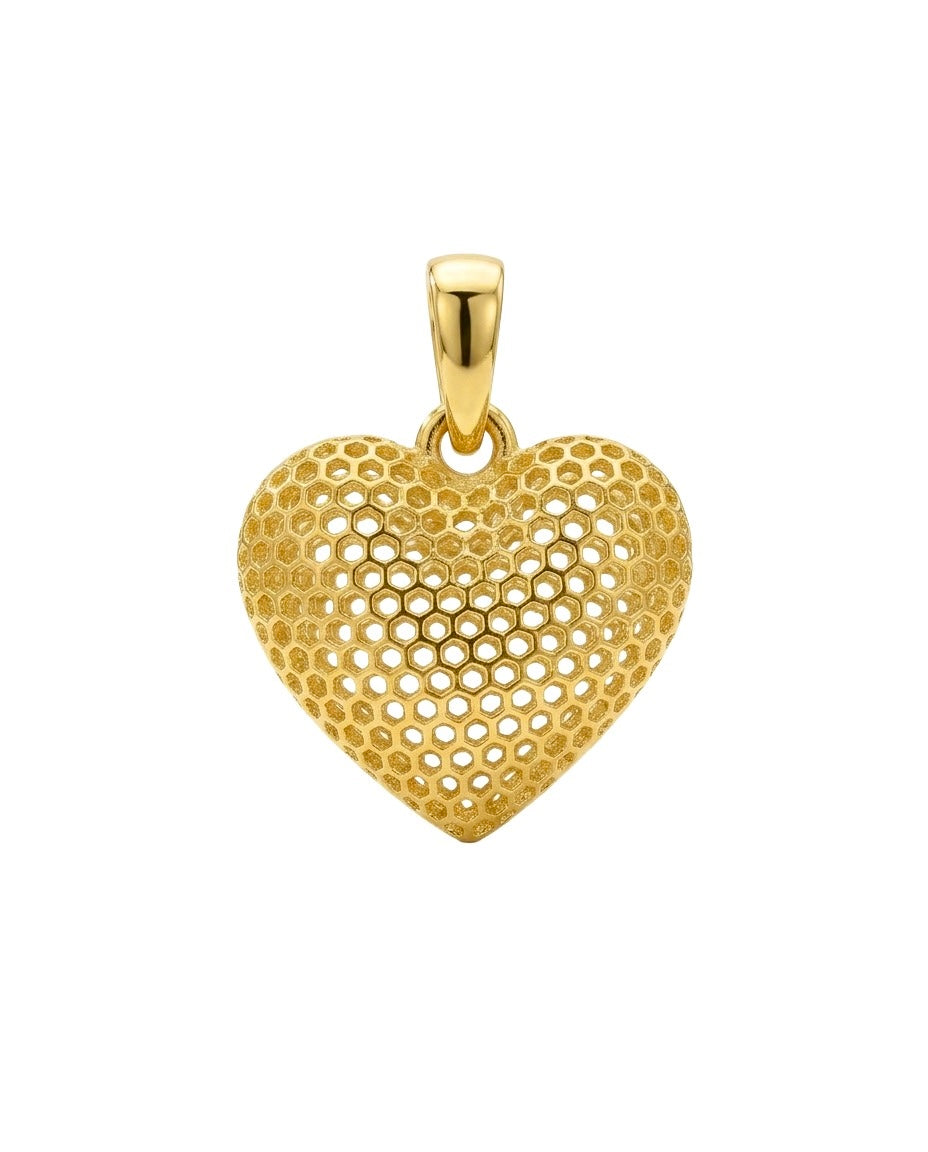 Detailaufnahme eines Herz Anhängers aus 18k Gelbgold mit offenem Wabendesign.