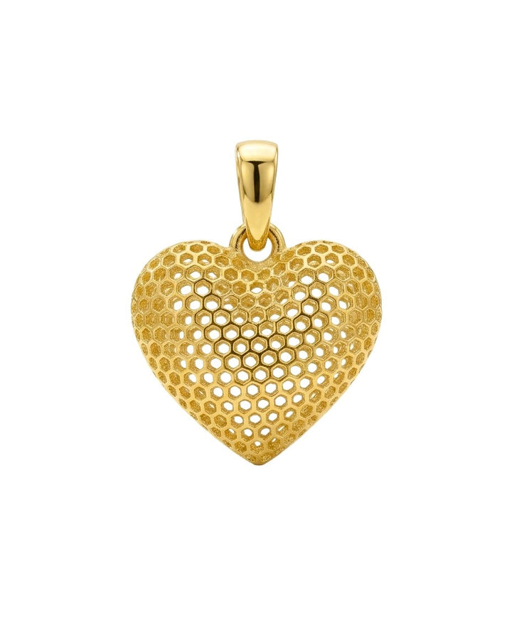 Detailaufnahme eines Herz Anhängers aus 18k Gelbgold mit offenem Wabendesign.