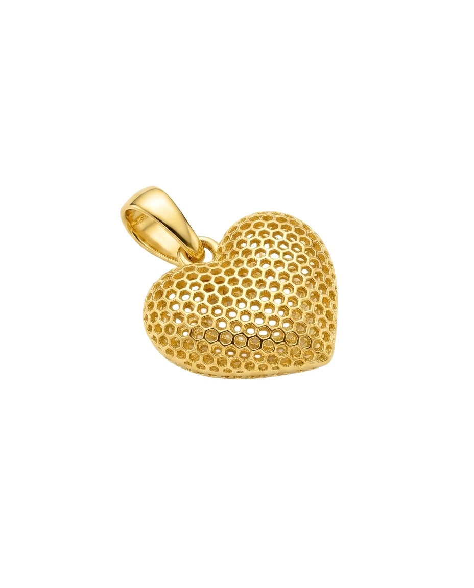 Seitenansicht eines Herz Anhängers aus 18k Gelbgold mit dreidimensionalem Wabenmuster.