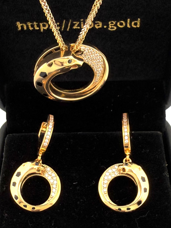Ensemble Anhänger &amp; Ohrringe Gelbgold 18k - Palang-e Mah (Mondpanther)