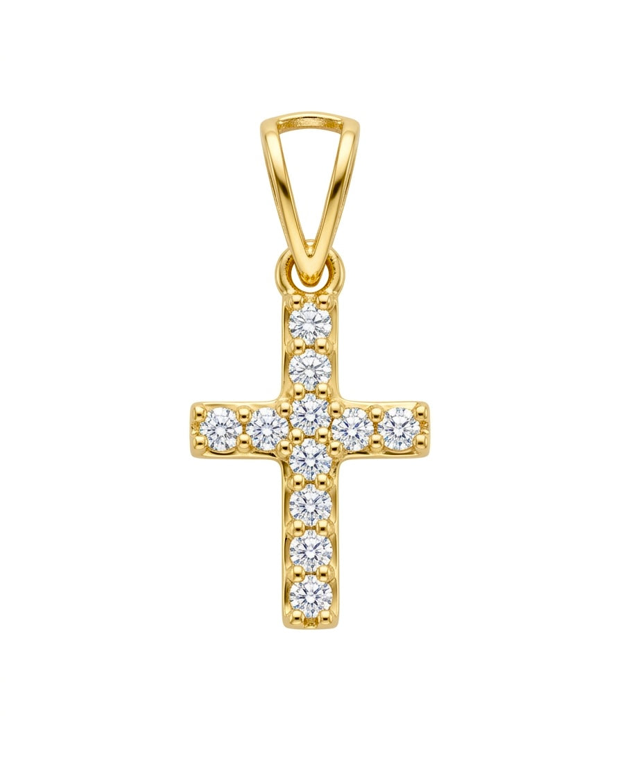 18k Gelbgold Kreuz Anhänger mit funkelnden weißen Zirkonia in Detailaufnahme.