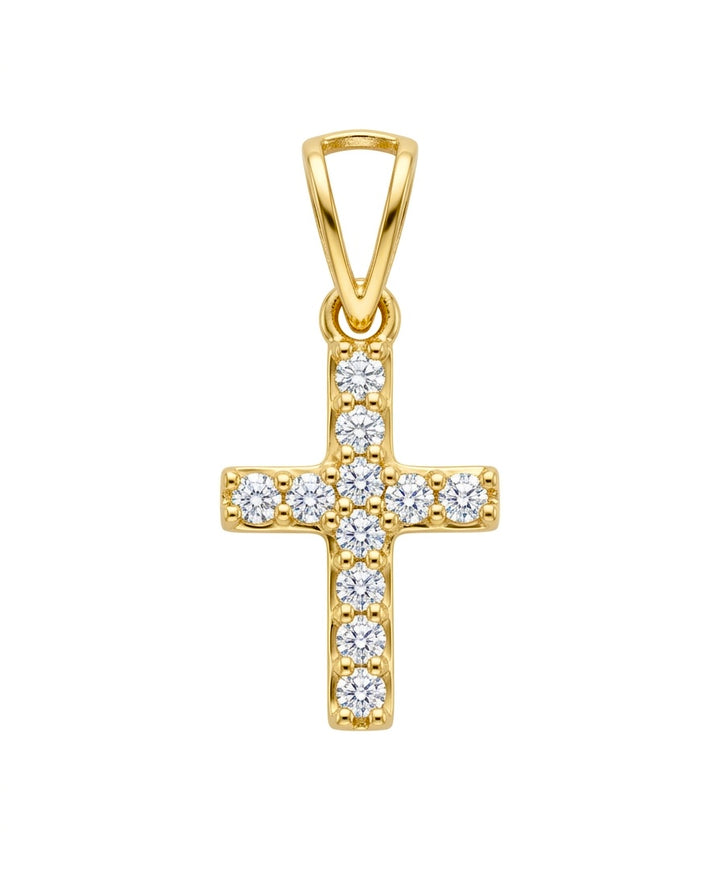 18k Gelbgold Kreuz Anhänger mit funkelnden weißen Zirkonia in Detailaufnahme.