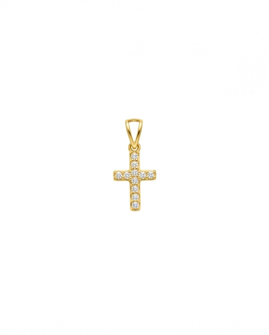 Filigraner Kreuz Anhänger aus 18k Gelbgold mit weißen Zirkonia auf weißem Hintergrund.