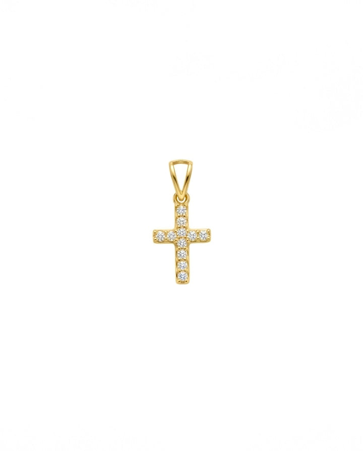 Filigraner Kreuz Anhänger aus 18k Gelbgold mit weißen Zirkonia auf weißem Hintergrund.