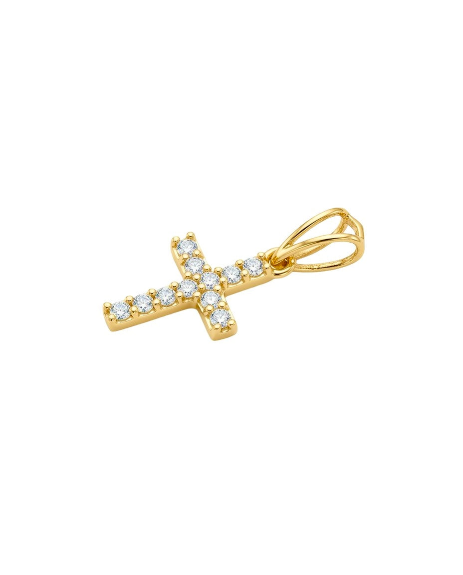 Kreuz Anhänger aus 18k Gelbgold mit weißen Zirkonia in seitlicher Detailansicht.